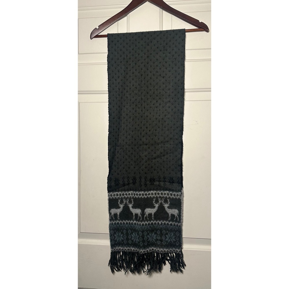 Softer Than Cashmere Black Reindeer‎ Fair Isle Fringe Scarf Winter Warm Cozy